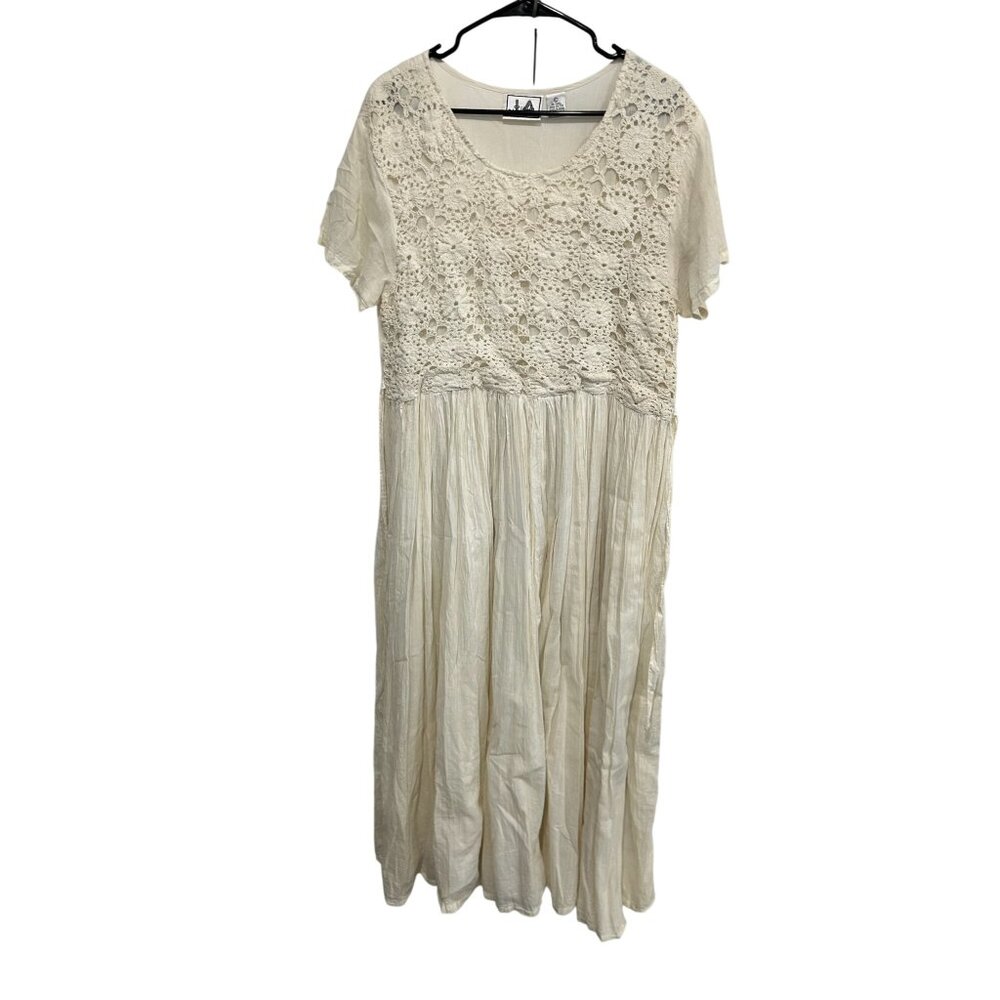J.A. Studio Vintage Crochet Lace Short Sleeve Maxi Dress Cream Sz Large Boho